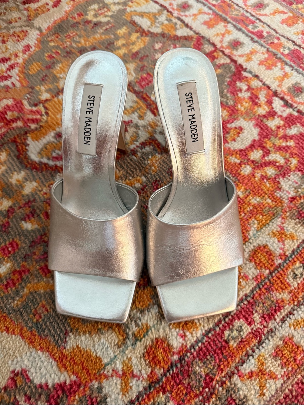 Steve Madden Metallic Silver Square-Toe Slide Mules